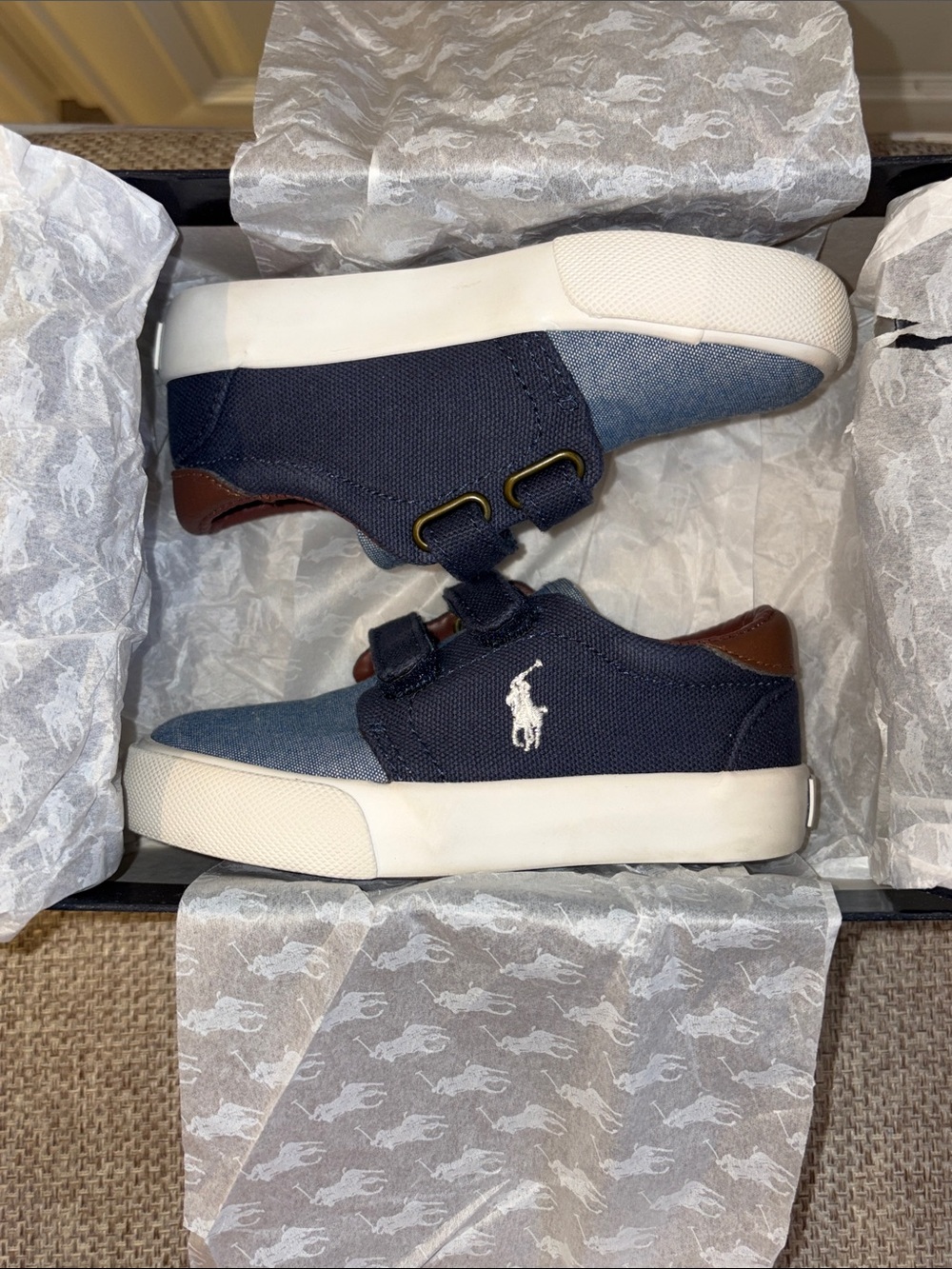 Polo Ralph Lauren Olan EZ Toddler Shoes in Navy, Blue & Tan in Size 7 - Picture 11 of 12